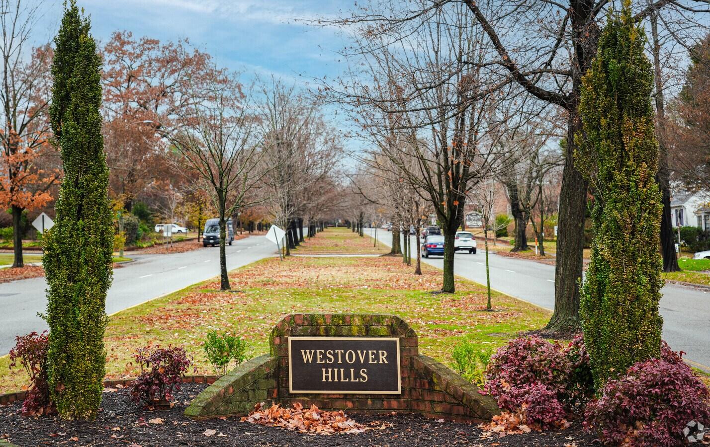 Tree-lined median with the Westover Hills neighborhood sign in autumn